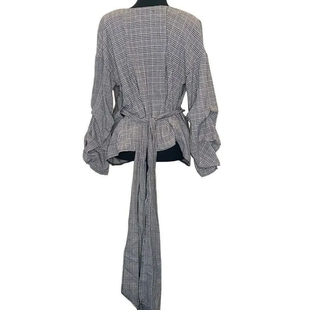 Settledown Houndstooth Plaid Long Sleeve Wrap Blouse Black White Large